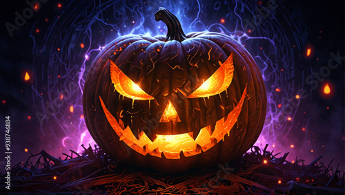A cursed jack-o'-lantern with glowing runes carved into its surface, surrounded by dark energy. Intricate carvings and an ominous aura create a mystical, dark atmosphere.