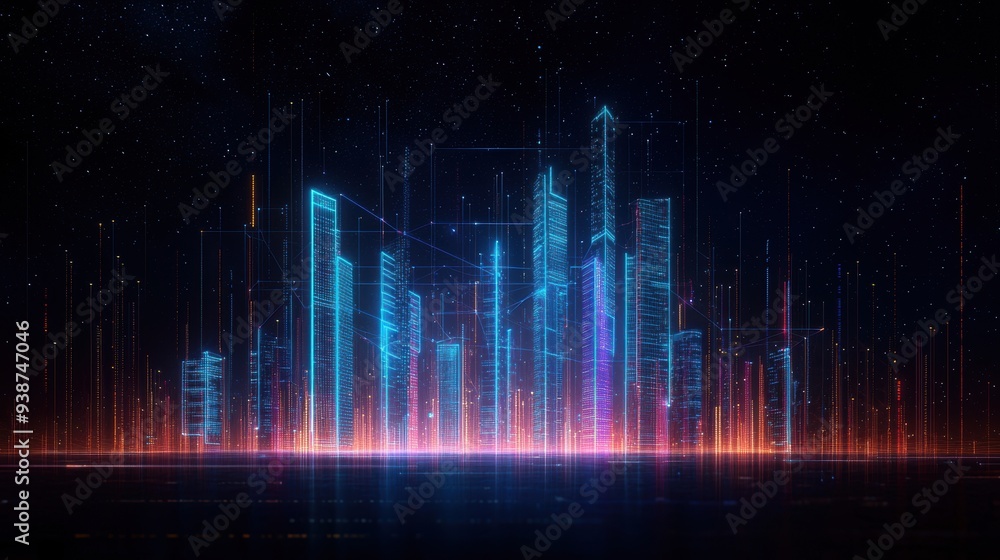 Neon Nights: Hyper-Detailed Futuristic Cityscape Illuminated by Data Flow Networks at Night Neon Nights: Hyper-Detailed Futuristic Cityscape Illuminated by Data Flow Networks at Night