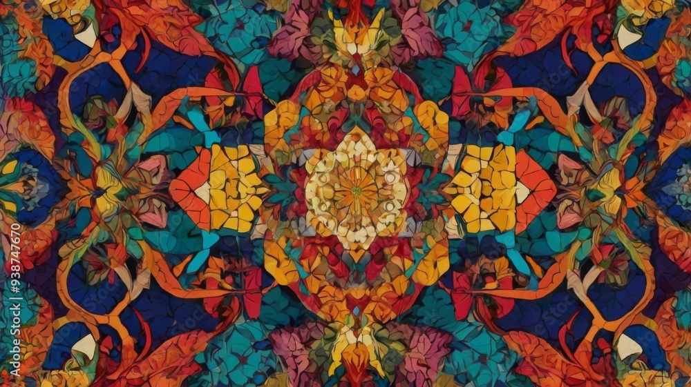 A vibrant and intricate abstract pattern composed of geometric shapes with contrasting colors, perfect for modern graphic design or textile prints A vibrant and intricate abstract pattern composed of geometric shapes with contrasting colors, perfect for modern graphic design or textile prints