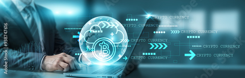 Hand holding a laptop with a global network connection, showcasing technology, futuristic themes, and innovative solutions, all intertwined with the dynamic world of cryptocurrency, blockchain.