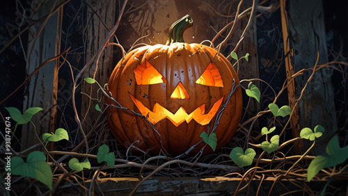 A jack-o'-lantern being overtaken by creeping vines, partially obscured by the plant's growth. Organic textures and moody lighting create an eerie, detailed scene.

