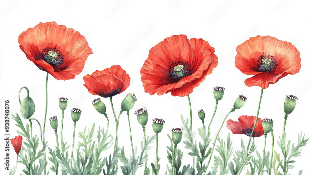 Fototapeta premium vibrant display of red poppies with delicate buds set against a clean white background. The poppies are in full bloom, showcasing their bright red petals that appear soft and velvety.