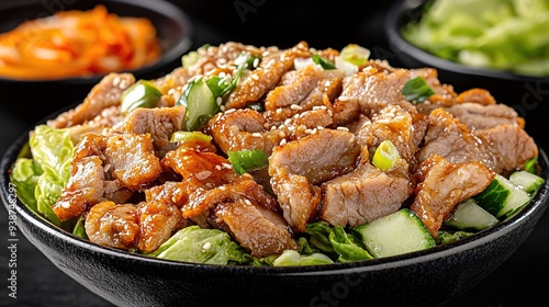 South Korean Open-Air Restaurant with a Bowl of Fried Pork and Foxtail Salad on the Table. A Vibrant and Authentic Dining Experience Showcasing Traditional Korean Cuisine in a Casual Outdoor Setting.