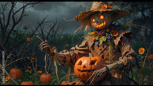 A forgotten scarecrow with a glowing jack-o'-lantern head in an overgrown, abandoned garden. Faded, torn clothes and wild plants evoke nostalgia and decay.