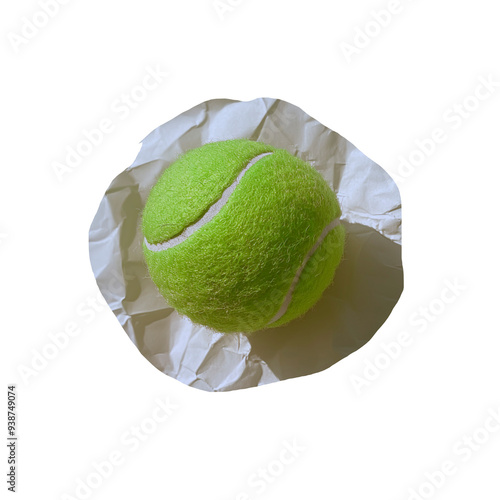 Tennis ball on crumpled paper cut out ai generated image