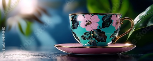 A 3D English tea cup with soft pastel colors, symbolizing the daily tradition of tea in England. photo