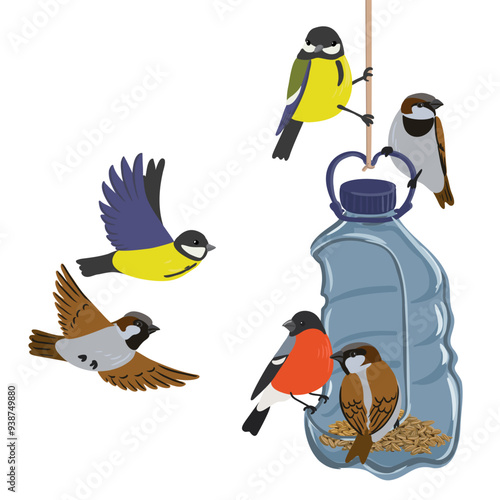 vector drawing bird feeder is made from plastic water bottle and wild forest birds, waste recycling, reuse, isolated at white background, hand drawn vector illustration
