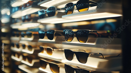 A stylish display of sunglasses, shades, and eyeglasses on a backlit stand at an unidentified fashion shop shelf. The stand is illuminated from behind, highlighting the variety of eyewear  photo