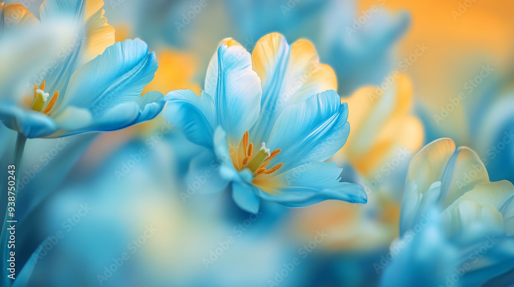A vibrant floral background showcasing yellow and blue tulip flowers in close-up. The tulips display their delicate petals and rich colors, creating a stunning contrast between YELLOW AND BLUE A vibrant floral background showcasing yellow and blue tulip flowers in close-up. The tulips display their delicate petals and rich colors, creating a stunning contrast between YELLOW AND BLUE