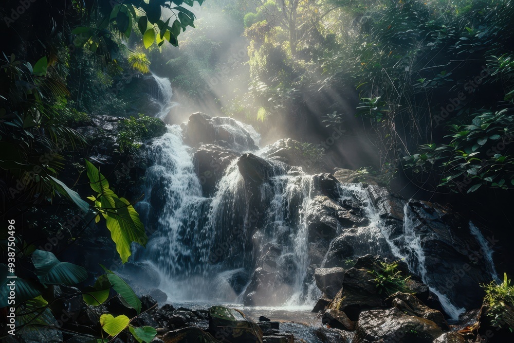 Sunbeams Through Lush Jungle Illuminate Waterfall Sunbeams Through Lush Jungle Illuminate Waterfall