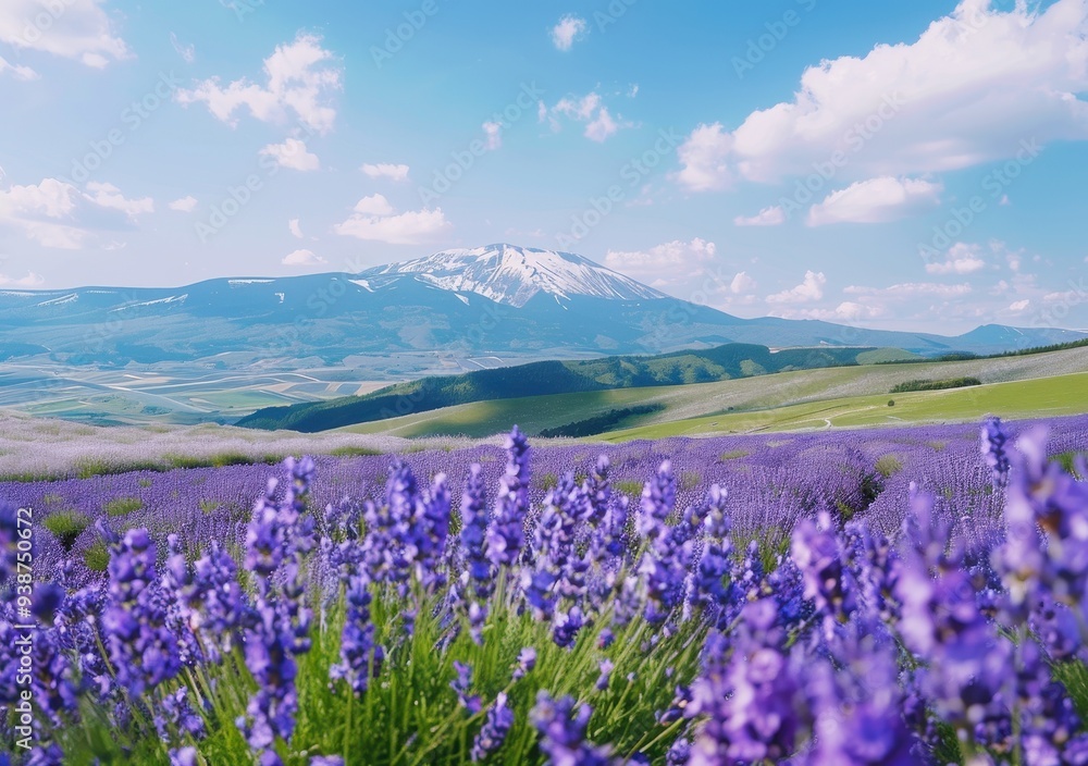 A breathtaking landscape with a vibrant lavender field in the foreground and a snow-capped mountain range under a bright blue sky with fluffy clouds. A breathtaking landscape with a vibrant lavender field in the foreground and a snow-capped mountain range under a bright blue sky with fluffy clouds.