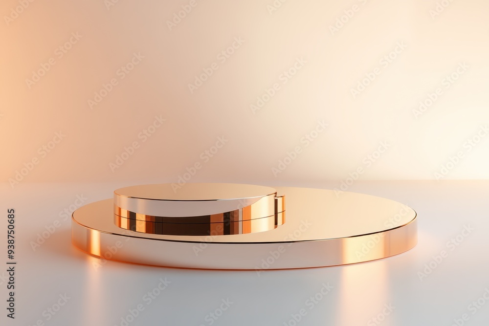 Mesmerizing Circular 3D Podium with Reflective Surfaces Glowing Under Vibrant Lighting, Ideal for Cosmetics Promotion Mesmerizing Circular 3D Podium with Reflective Surfaces Glowing Under Vibrant Lighting, Ideal for Cosmetics Promotion