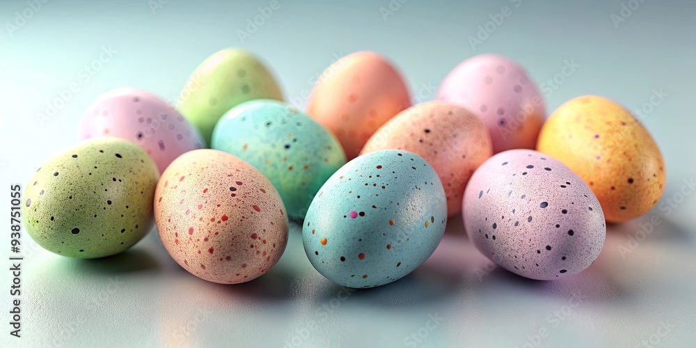 Photorealistic render of speckled pastel eggs for Easter greeting cards, holiday designs Photorealistic render of speckled pastel eggs for Easter greeting cards, holiday designs