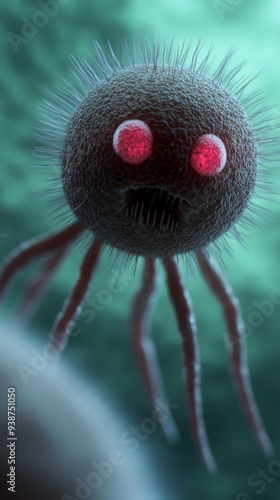 A highresolution image of a single bacteriophage virus depicted as a complex mechanicallooking structure with a head tail and fibers The bacteriophage is shown attaching to a bacterium cell highlighti photo