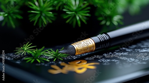 A 3D Japanese calligraphy brush with soft lighting, representing the art of shodo. photo