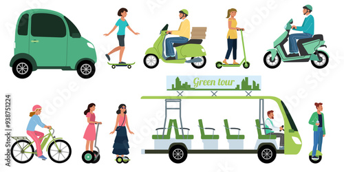 Electric transport. Ecological car. Green technology. People on bikes or scooters. Auto with electrical power battery. Urban mobile. Persons drive motorcycles and gyroscooters. Vector eco vehicles set