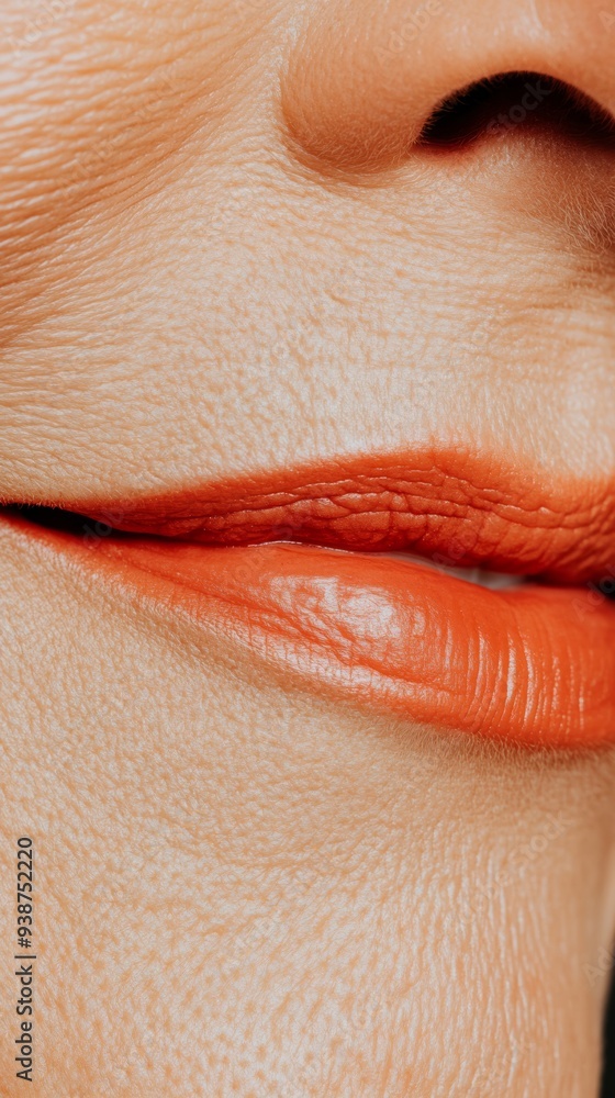 Fototapeta premium A detailed image of a womans face showing natural wrinkles around the eyes and mouth as she smiles The wrinkles are softly lit emphasizing the beauty of aging and the expression of joy creating a posi