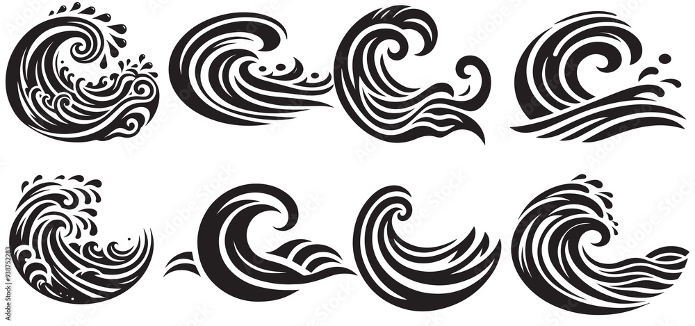 Fototapeta premium Set of sea wave silhouette isolated on white background. Nature ocean graphic symbol vector illustration