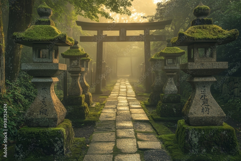 Obraz premium Stone Lanterns and Torii Gate in a Misty Forest.