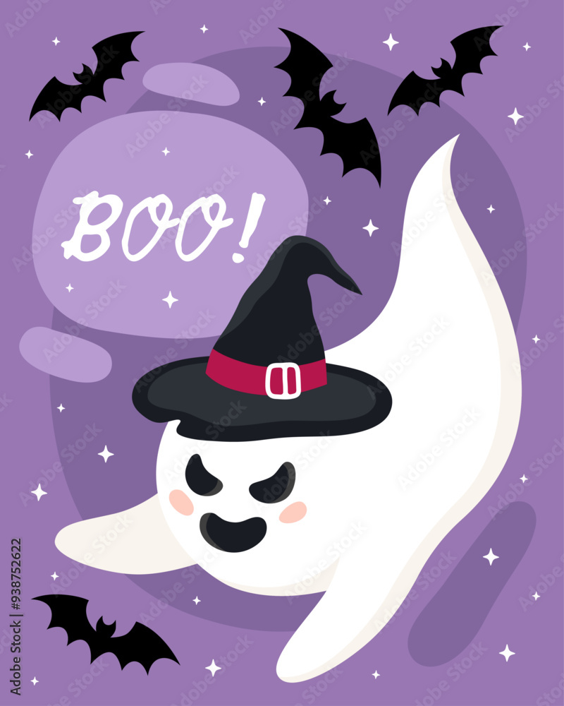 Fototapeta premium Halloween greeting card. Cute cartoon ghost, spirit. Ghost in a black witch hat, bats, purple background. Boo! Happy little ghost. 