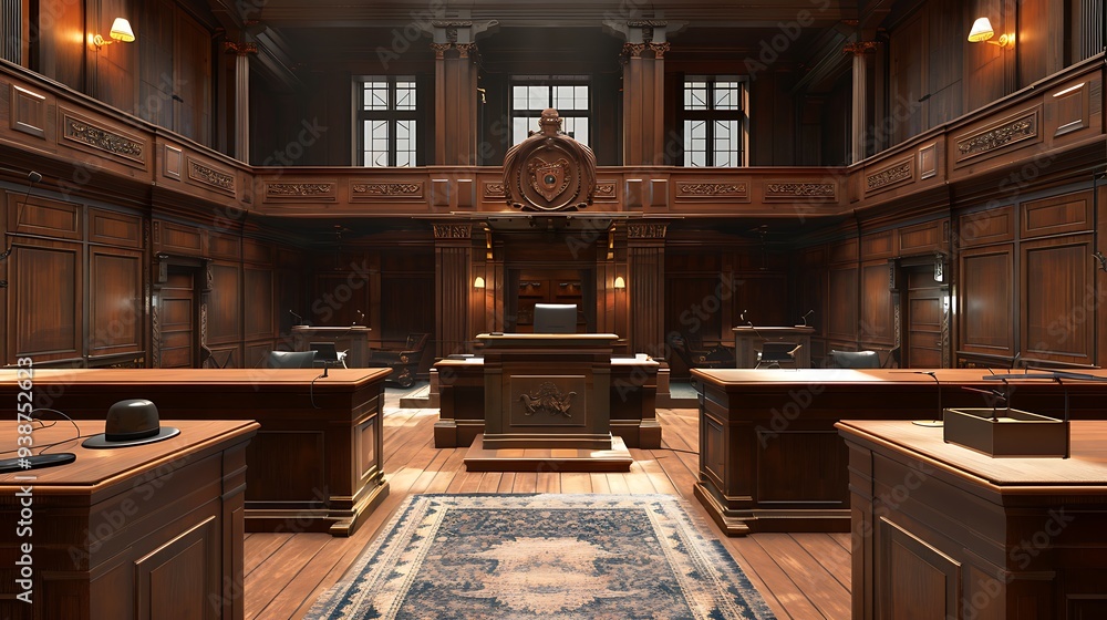 Courtroom with wooden paneling, a judge's bench, and tables for lawyers and jurors. It is a traditional and formal setting for justice. Courtroom with wooden paneling, a judge's bench, and tables for lawyers and jurors. It is a traditional and formal setting for justice.