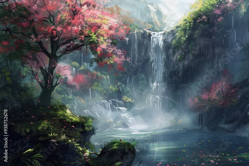 Tranquil Waterfall with Blooming Trees in a Lush Forest photo