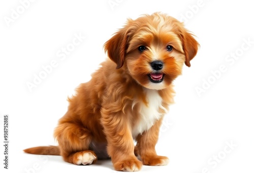 golden retriever puppy isolated on white, golden retriever puppy, Beautiful happy reddish Havanese puppy dog is sitting frontal with white background