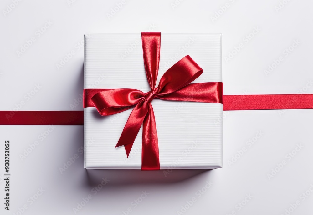 Gift box tied with red ribbon isolated on white background. image seen in the center and top Gift box tied with red ribbon isolated on white background. image seen in the center and top