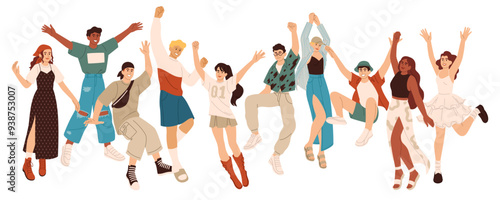 Happy character group. Active, positive person jumping. Women and men in modern contemporary clothes celebrate. Energy excited crowd, winner boy and girl cartoon flat team vector isolated illustration