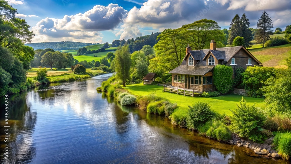 House overlooking peaceful river with a lush green landscape, home, riverfront, serene, waterfront, nature House overlooking peaceful river with a lush green landscape, home, riverfront, serene, waterfront, nature