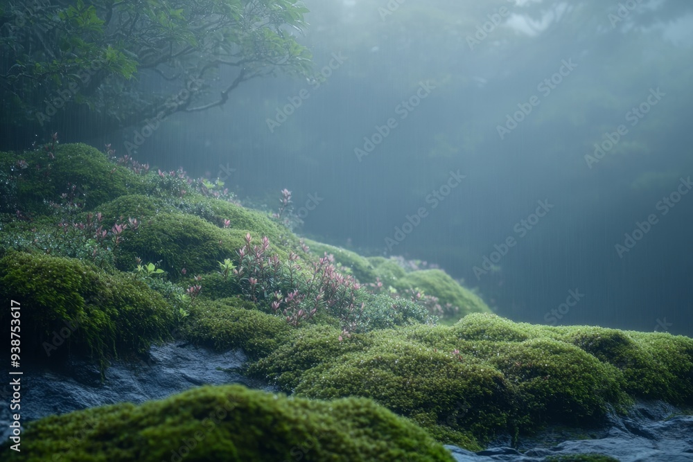 Mossy Stream in Misty Forest. Mossy Stream in Misty Forest.