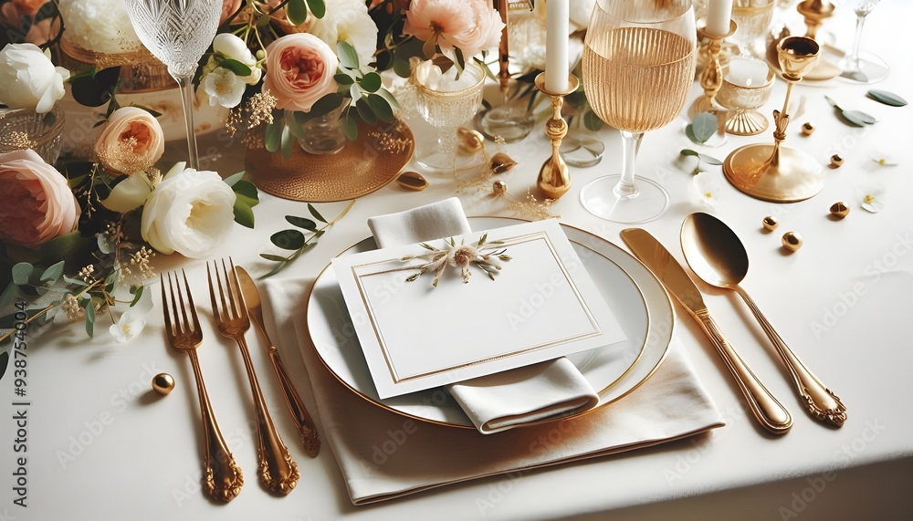 elegant table setting with blank card mockup, gold cutlery, and floral decor for weddings or special events elegant table setting with blank card mockup, gold cutlery, and floral decor for weddings or special events