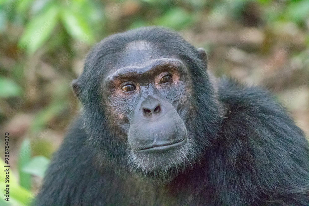 Africa, Uganda, Kibale Forest National Park. Chimpanzee (Pan troglodytes) in forest. Head-shot, face. 2016-08-04 Africa, Uganda, Kibale Forest National Park. Chimpanzee (Pan troglodytes) in forest. Head-shot, face. 2016-08-04