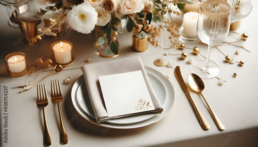 elegant table setting with blank card mockup, gold cutlery, and floral decor for weddings or special events elegant table setting with blank card mockup, gold cutlery, and floral decor for weddings or special events