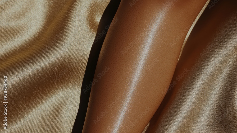 © Aleksandra - A closeup shot of a womans leg with natural unshaven hair gracefully resting on a soft fabric The lighting is warm and soft emphasizing the texture of the hair and the smoothness of the skin presentin