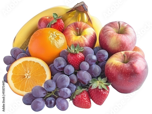 Mixed fruits, high resolution PNG, apples, oranges, bananas, grapes, strawberries, vibrant and detailed