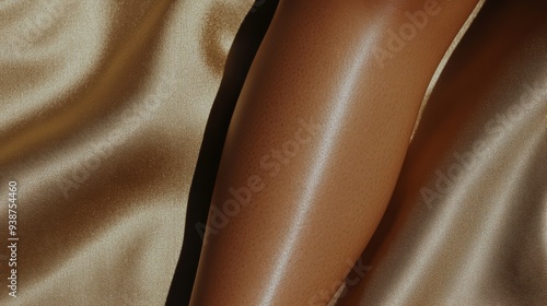 A closeup shot of a womans leg with natural unshaven hair gracefully resting on a soft fabric The lighting is warm and soft emphasizing the texture of the hair and the smoothness of the skin presentin