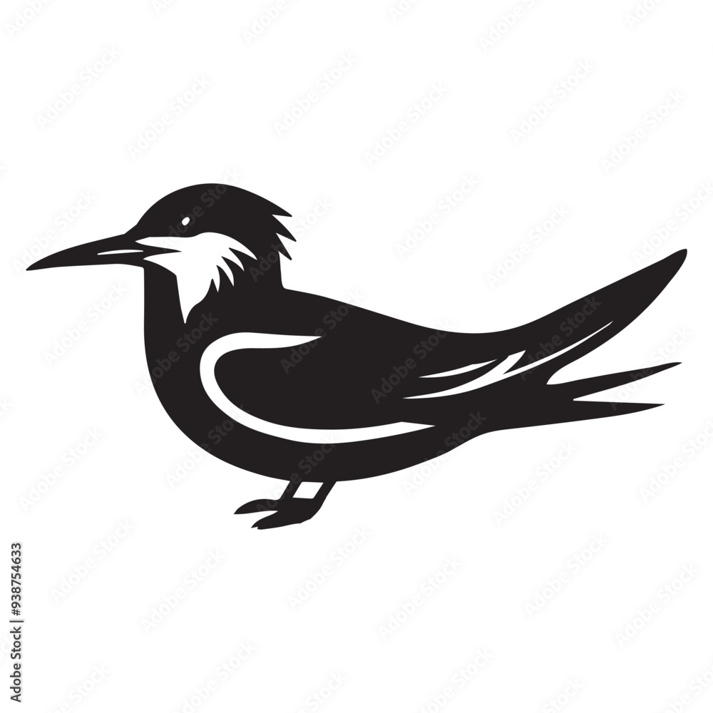 Fototapeta premium Royal Tern Silhouette, Thalasseus maximus Clipart, Royal Tern sitting on sand Illustration in black and white