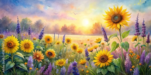 Fototapeta Naklejka Na Ścianę i Meble -  Vibrant watercolor painting of a wildflower meadow with lavender, sunflowers
