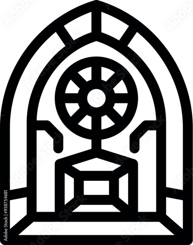Simple line art icon of a gothic arch with a rose window and altar, suggesting a sacred space