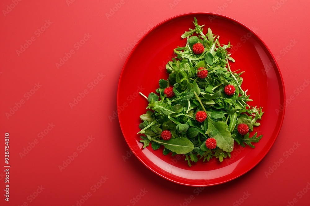 Christmas tree made of salad on a red plate Christmas tree made of salad on a red plate