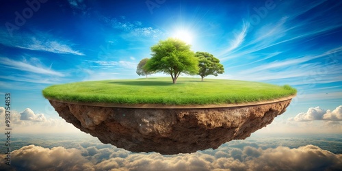 Round soil ground cross section floating island in a fantasy landscape with Earth land Soil layers , floating island