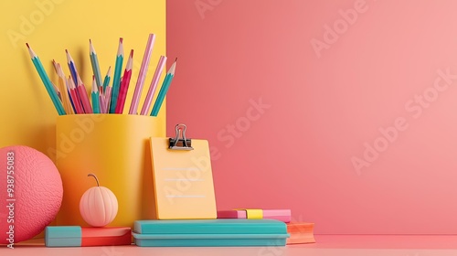 Inspirational posters in a classroom with colorful supplies, back to school vibes, 3D illustration