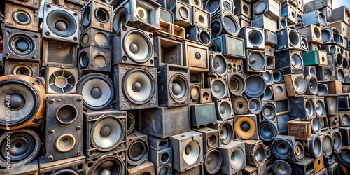 A pile of speakers stacked on top of each other in a junkyard , technology, old, vintage, stack, electronic, equipment, pile