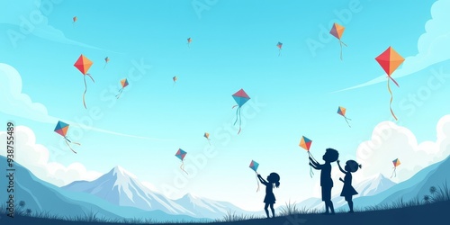 Kids flying kites in Dashain Festival. Vector illustration of children flying kites on the meadow.
 photo