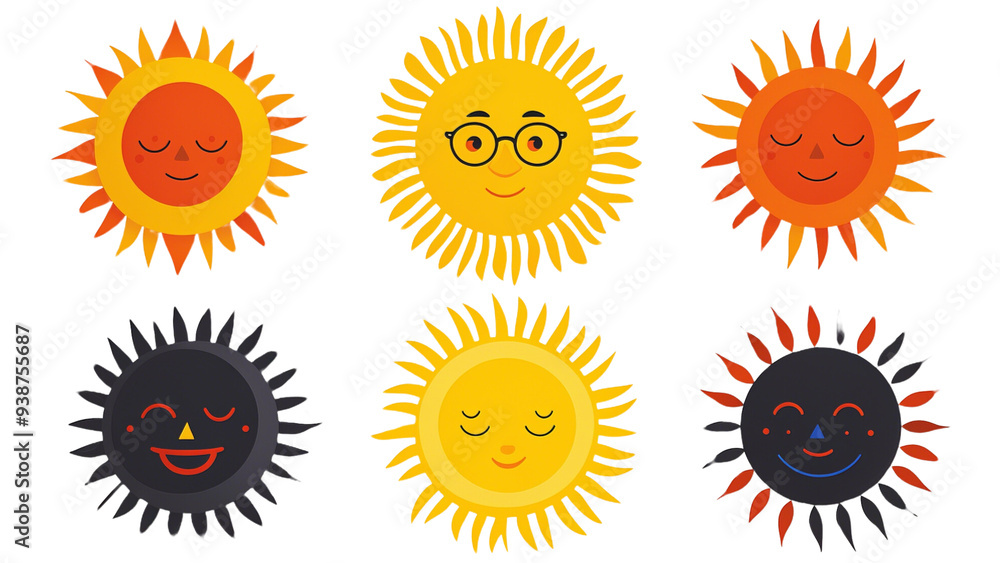 Set Of Six deffirent design sun isolate on transparency background PNG In The Line.... Set Of Six deffirent design sun isolate on transparency background PNG In The Line....