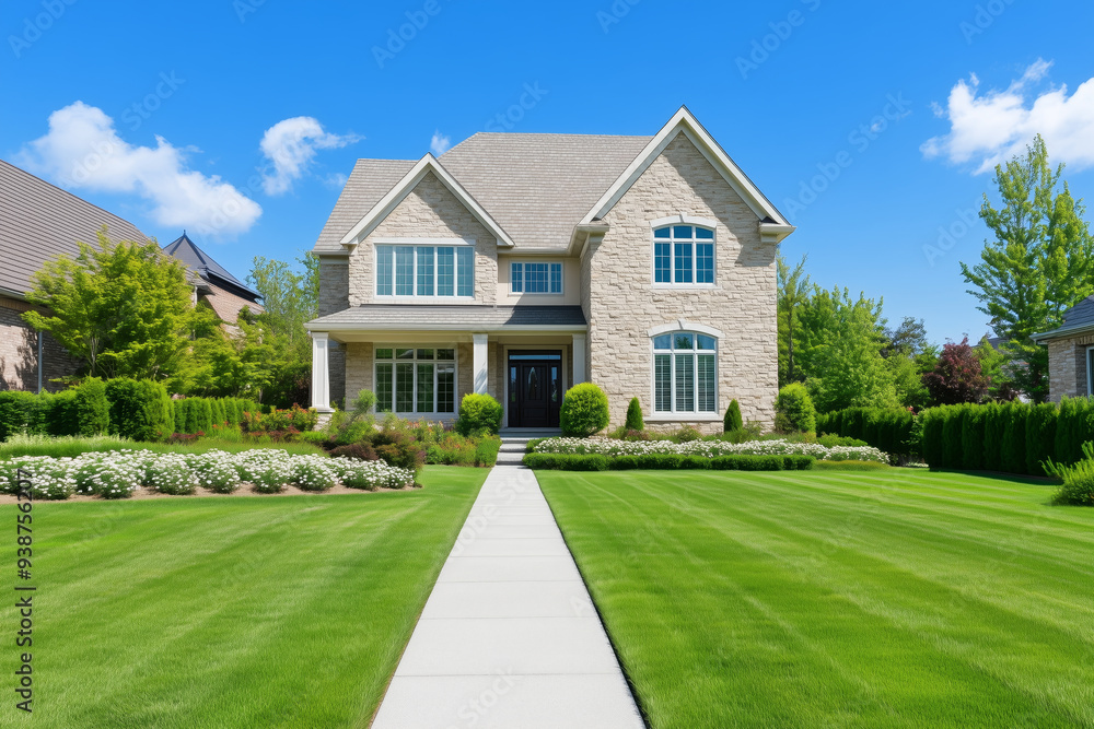 Charming suburban home featuring a stone facade, well-maintained lawn, and lush landscaping, set under a bright blue sky in a peaceful neighborhood Charming suburban home featuring a stone facade, well-maintained lawn, and lush landscaping, set under a bright blue sky in a peaceful neighborhood