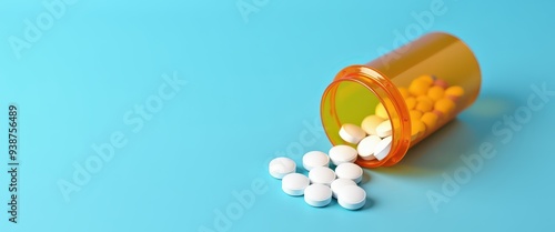 An orange prescription bottle tipped over, spilling white and yellow pills on a blue surface, suggesting a healthcare or medical theme.