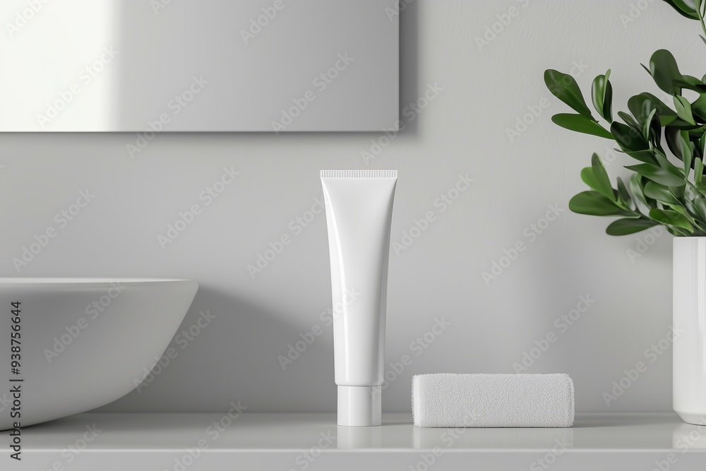 Mock up of toothpaste in a plain white tube on a bathroom shelf, minimalist bathroom background Mock up of toothpaste in a plain white tube on a bathroom shelf, minimalist bathroom background