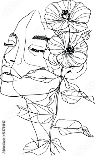 Abstract female face line art illustration, Woman face with flowers Surreal Line art female floral girl
